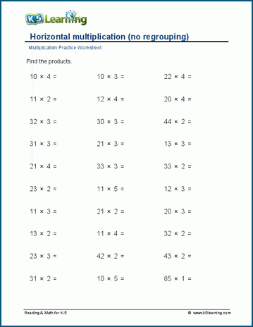 Horizontal multiplication (no regrouping) worksheets | Worsheets library