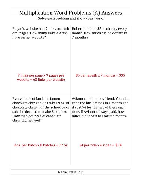 Single-Step Multiplication Word Problems up to 10 x 10 (A)