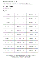 0,1,2 x Table Worksheets - Free Printable PDF