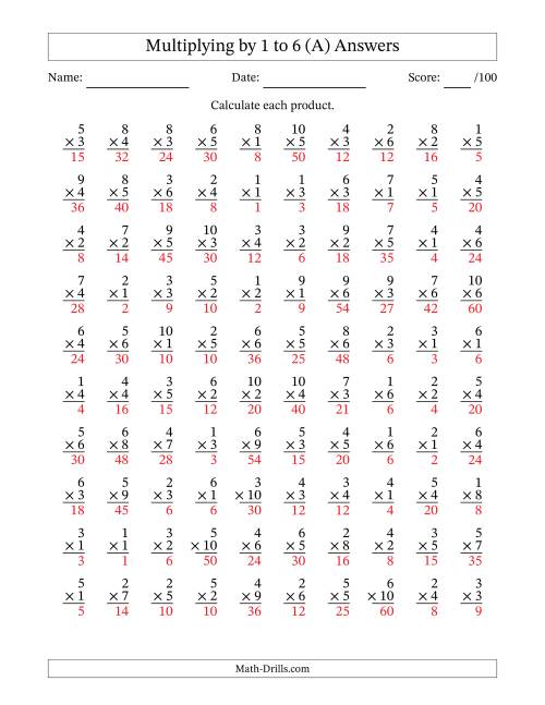 Multiplying (1 to 10) by 1 to 6 (100 Questions) (A)