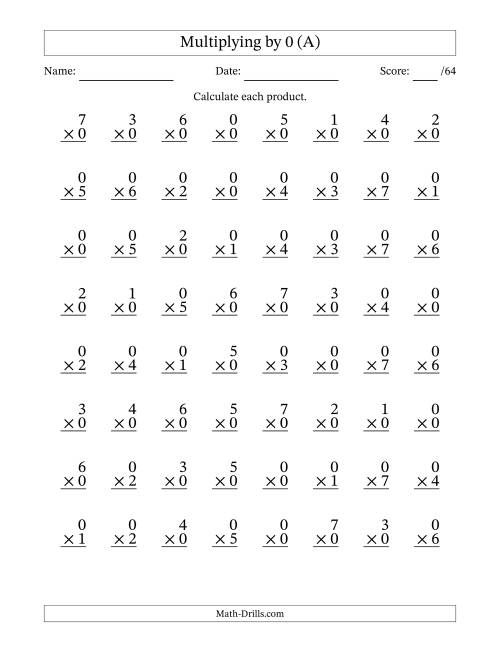 Multiplying (0 to 7) by 0 (64 Questions) (A)