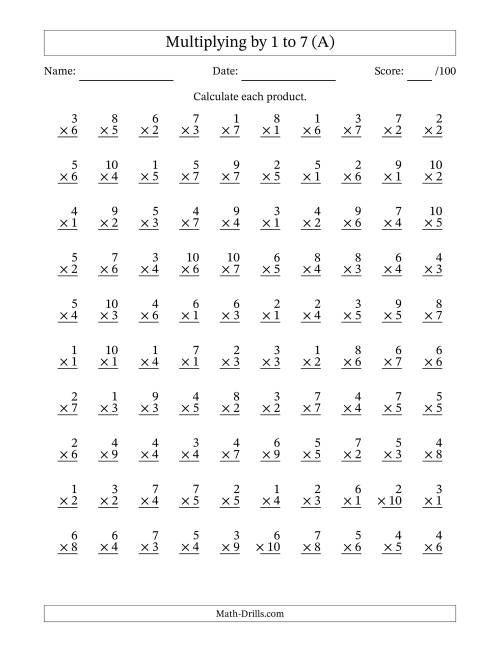 Multiplying (1 to 10) by 1 to 7 (100 Questions) (A)