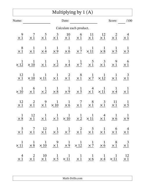 Multiplying (1 to 12) by 1 (100 Questions) (A)