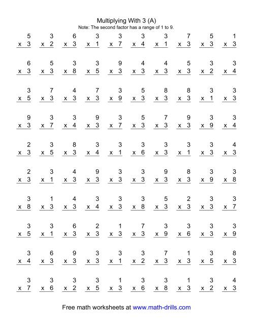 100 Vertical Questions -- Multiplication Facts -- 3 by 1-9 (A)