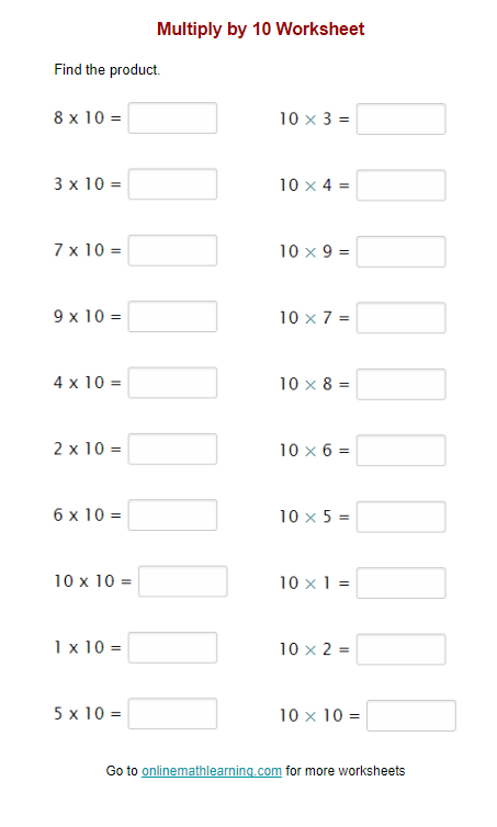 Multiply by 10 Worksheet (printable, online, answers)