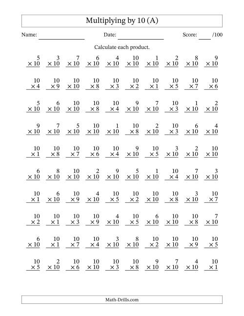 Multiplying (1 to 10) by 10 (100 Questions) (A)