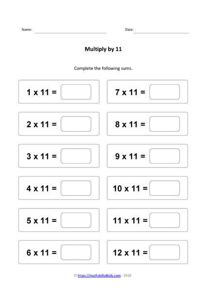 11 times table worksheets PDF | Multiplying by 11 activities