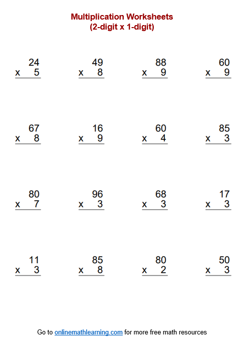 Multiply 2 digit by 1 digit Worksheet (examples solutions videos
