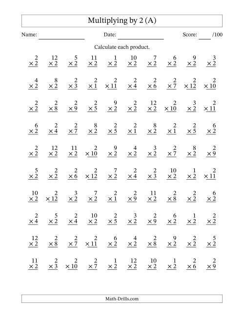 Multiplying (1 to 12) by 2 (100 Questions) (A)