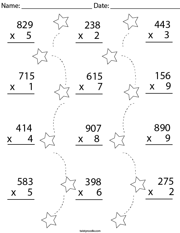 multiplication worksheet 3 digit by 1 digit