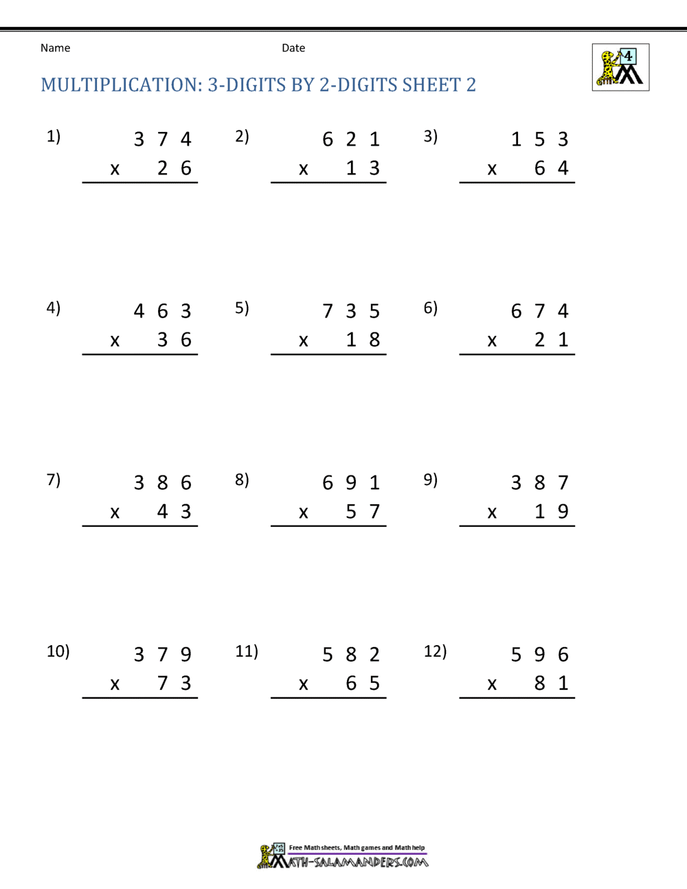 multiplication worksheet 3 digit by 1 digit