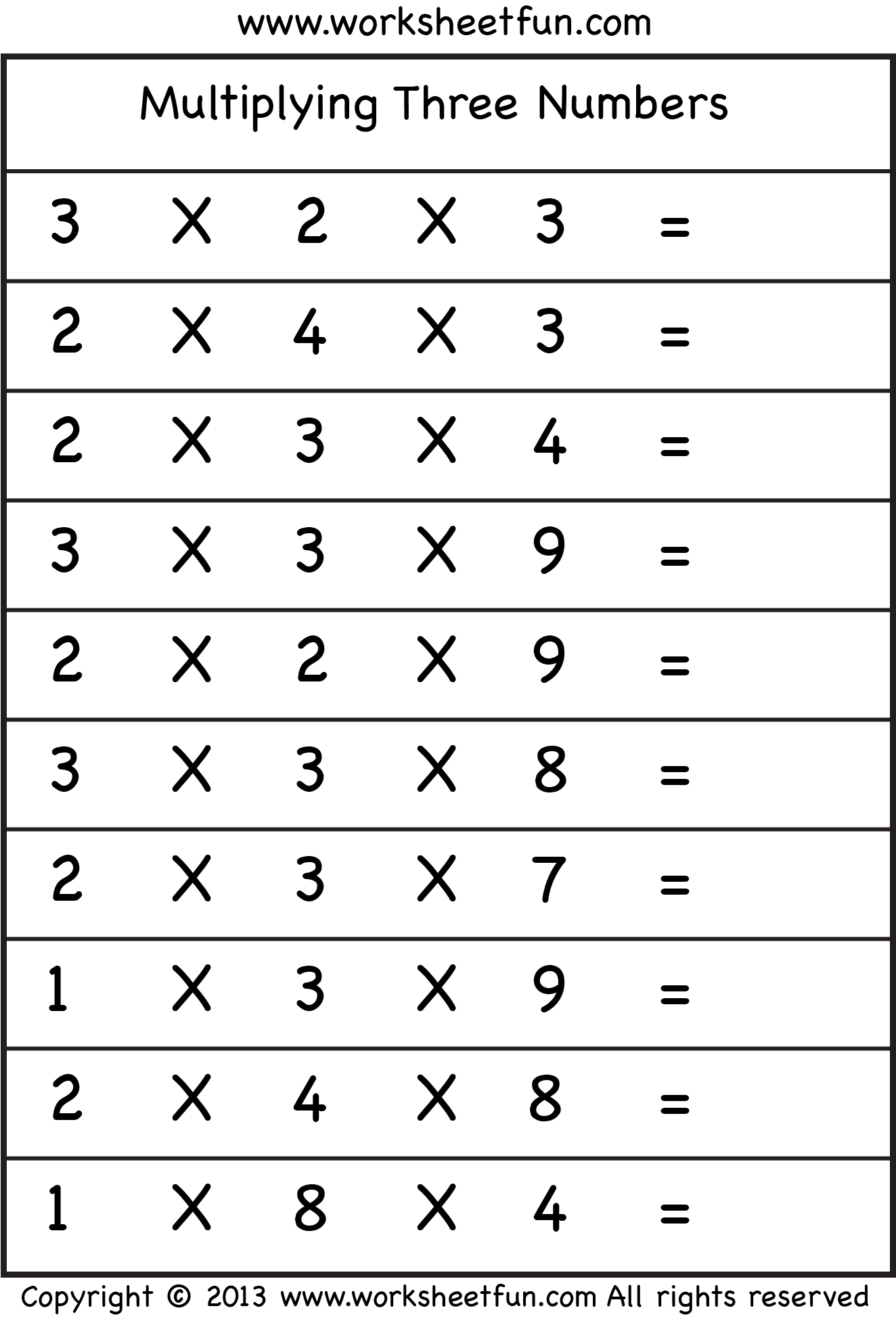 Multiplying 3 Numbers - Three Worksheets / FREE Printable ...
