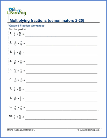 Grade 6 Math Worksheets: Multiplying fractions (denominators 2-25 ...