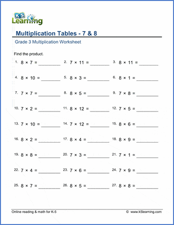Grade 3 math worksheet - Multiplication tables 7 &  8 | Worsheets library