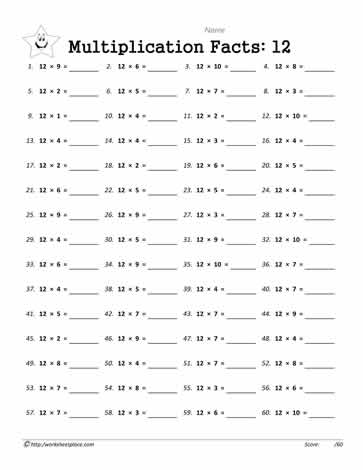 12 Times Tables Worksheets