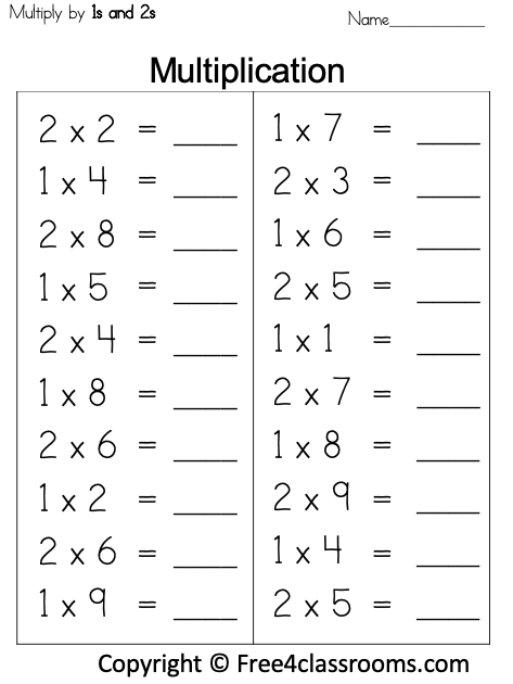 Free Multiplication Worksheet - 1s and 2s - Free Worksheets ...
