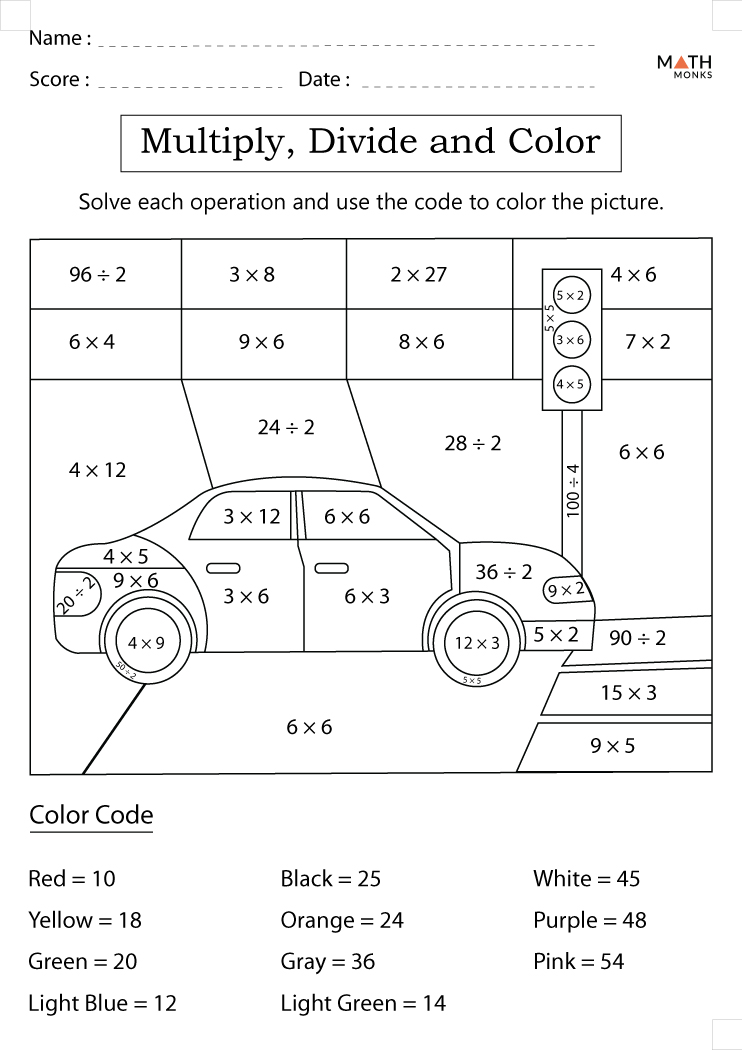 Color by Number Multiplication and Division Worksheets with Answer Key
