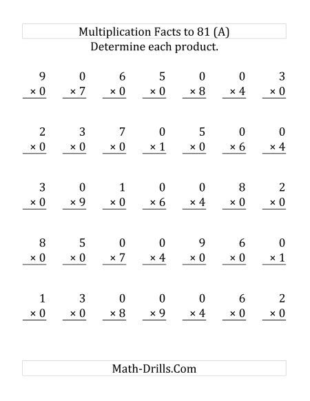 Multiplying (1 to 9) by 0 Large Print | Multiplication ...