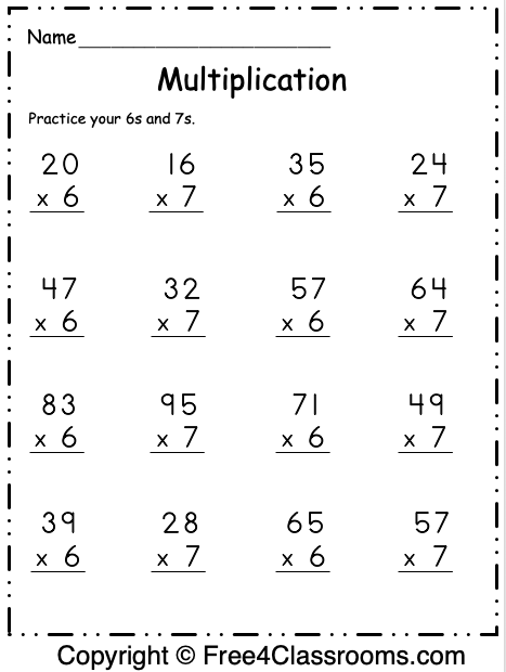 Free Multiplication Worksheet - 6s and 7s - Free Worksheets ...