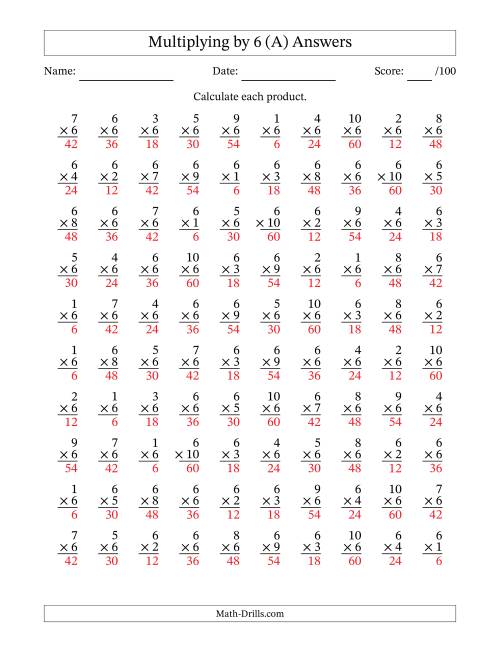 Multiplying (1 to 10) by 6 (100 Questions) (A)