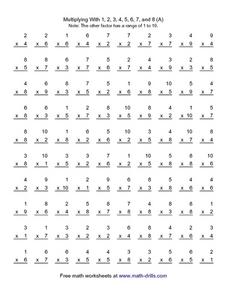 Multiplying with 1, 2, 3, 4, 5, 6, 7, and 8 (A) Worksheet for 4th ...