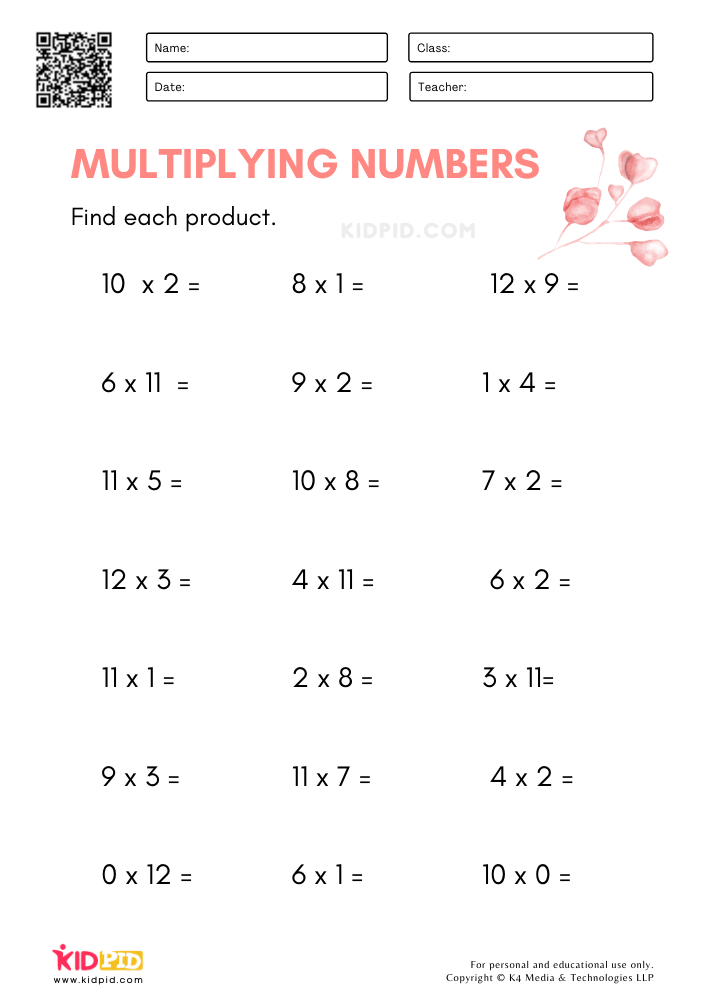 multiplication worksheet for kids