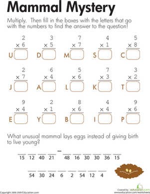 Multiplication: Mammal Mystery | Worksheet 