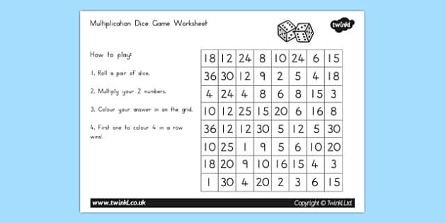 Multiplication Dice Game Worksheet (teacher made) - Twinkl