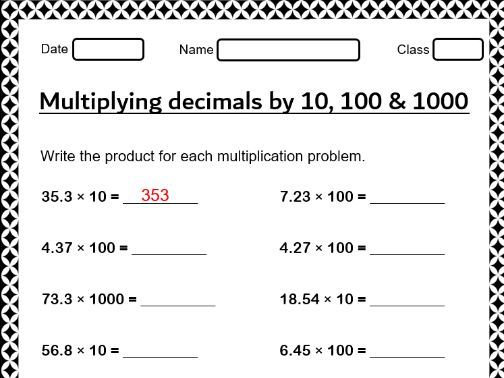 Decimal Multiplication Worksheet For grade 5  