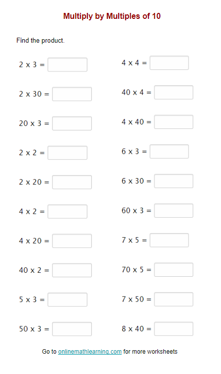 Multiply by Multiples of 10 Worksheets (Printable, Online)