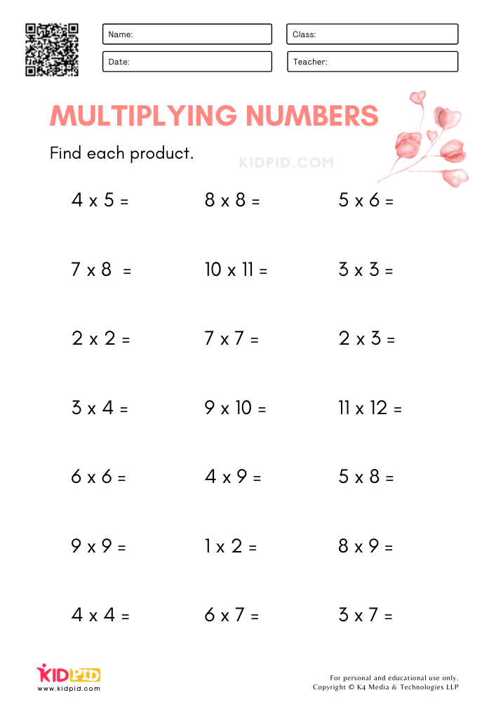 Multiplying Numbers Math Worksheets for Kids - Kidpid