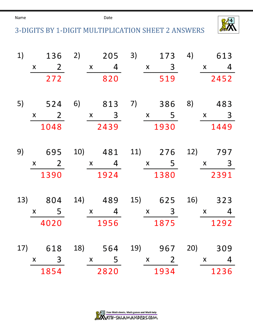 Math Multiplication Worksheets 4th Grade