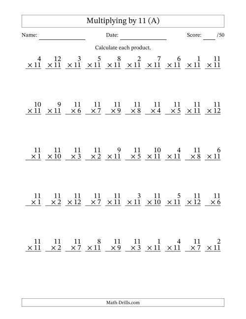 Multiplying (1 to 12) by 11 (50 Questions) (A)