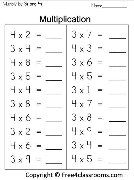 Free Multiplication Worksheet - 3s and 4s - Free Worksheets ...