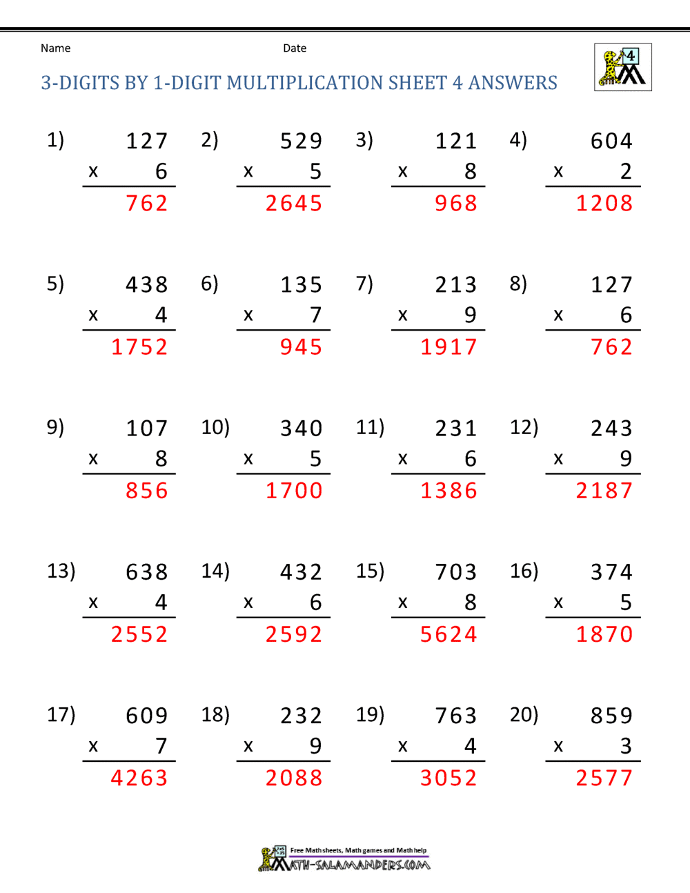 multiplication worksheet with answers