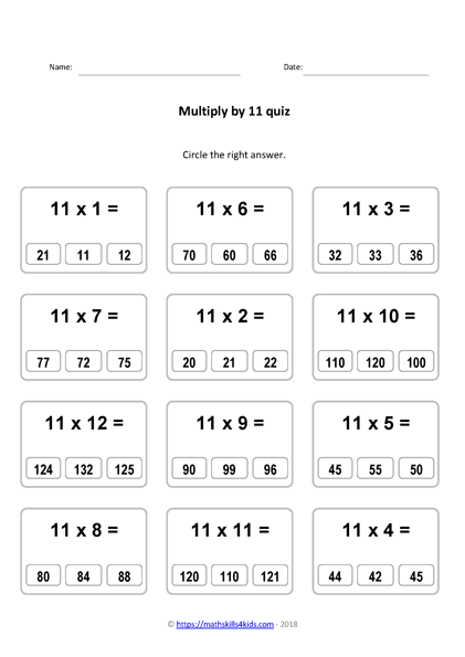 11 times table worksheets PDF | Multiplying by 11 activities
