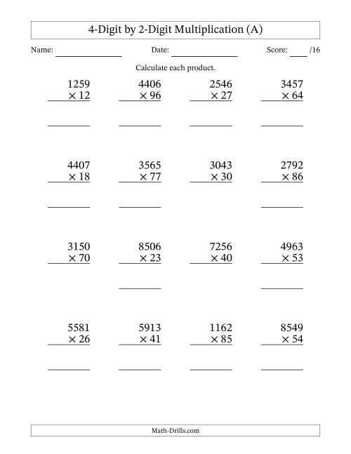 Multiplying 4-Digit by 2-Digit Numbers (A)
