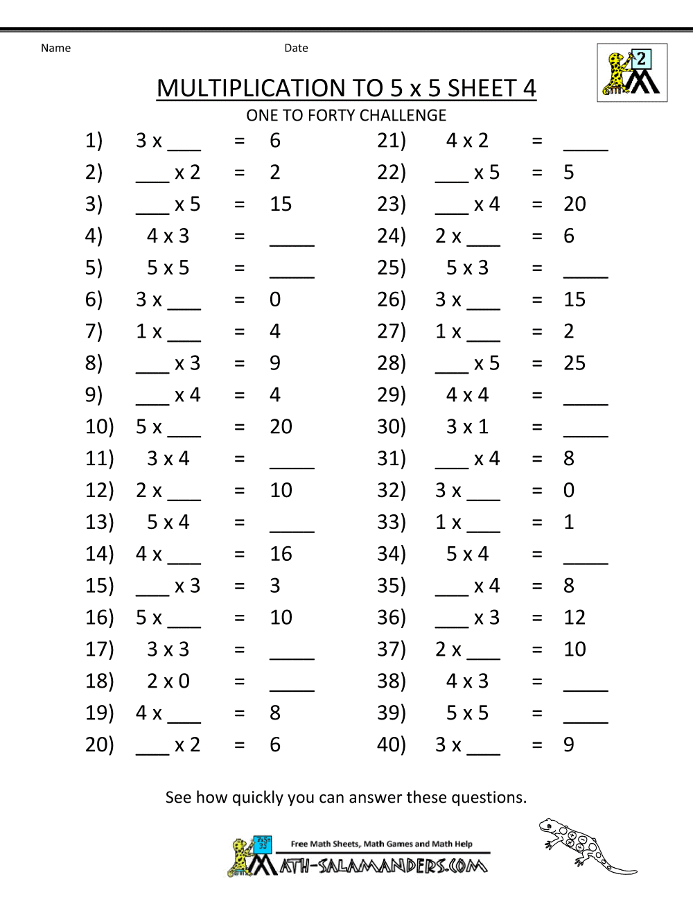 Multiplication to 5x5 Worksheets for 2nd Grade
