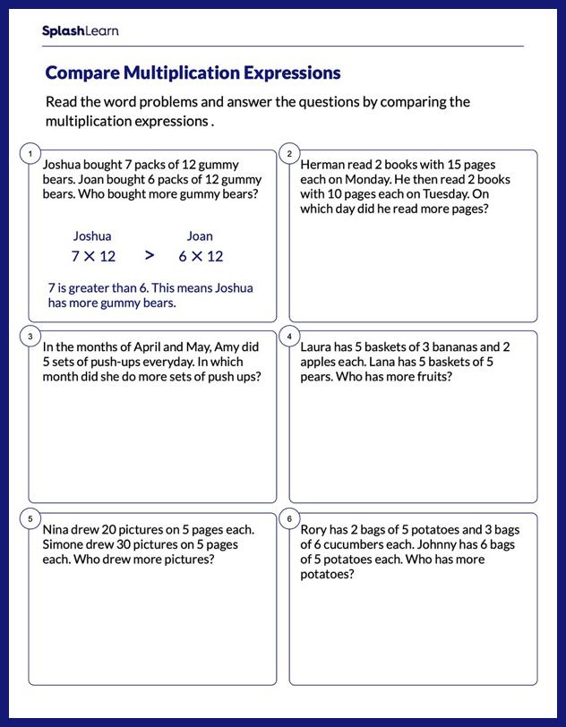 Comparing Multiplication Expressions - Math Worksheets - SplashLearn