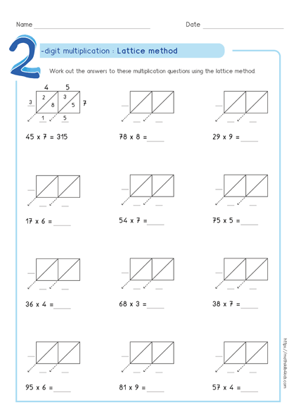 multiply 2 by 2 lattice method worksheet