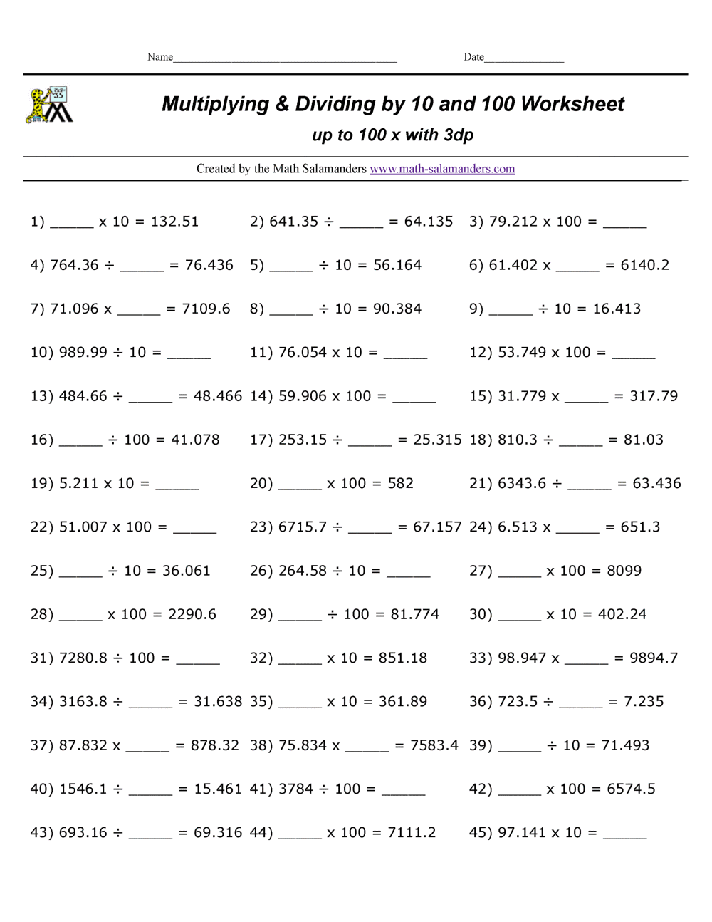 multiply and divide by powers of 10 worksheet