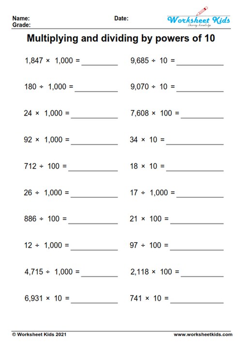 Multiplying and dividing by powers of 10 worksheets for 5th grade ...