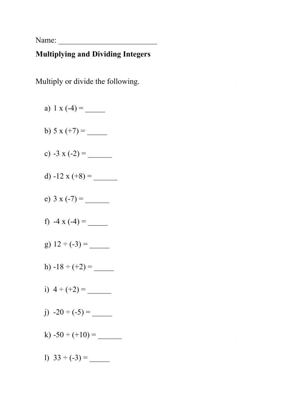 Multiplying and Dividing Integers interactive worksheet | Live ...