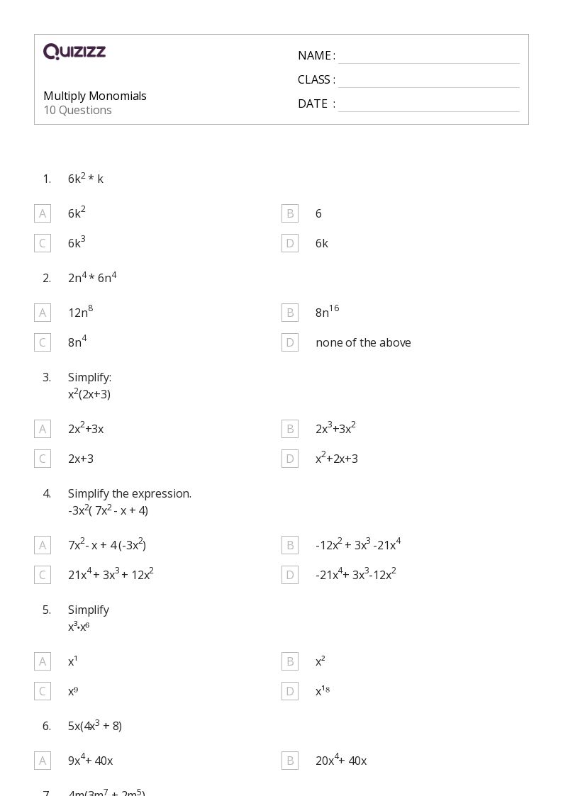 50+ Monomials Operations worksheets on Quizizz | Free &  Printable