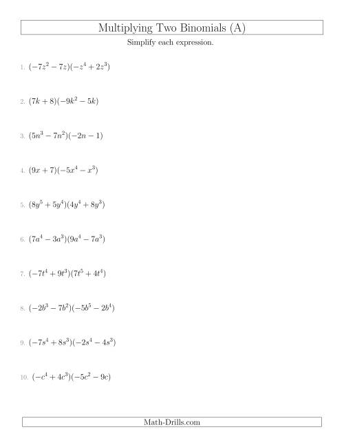 multiply binomials worksheet