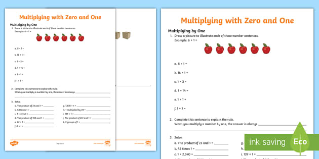 Multiplying by Zero and One Worksheet (teacher made)