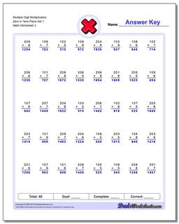 Multiplication Worksheets: Zeroes in Tens Place