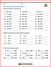 Multiplying by 10 and 100 Worksheets