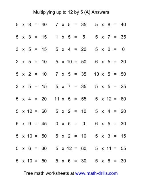 36 Horizontal Multiplication Facts Questions -- 5 by 0-12 (A)