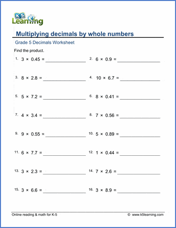 Grade 5 Decimal Worksheet: Multiply 2 digit decimals by whole ...